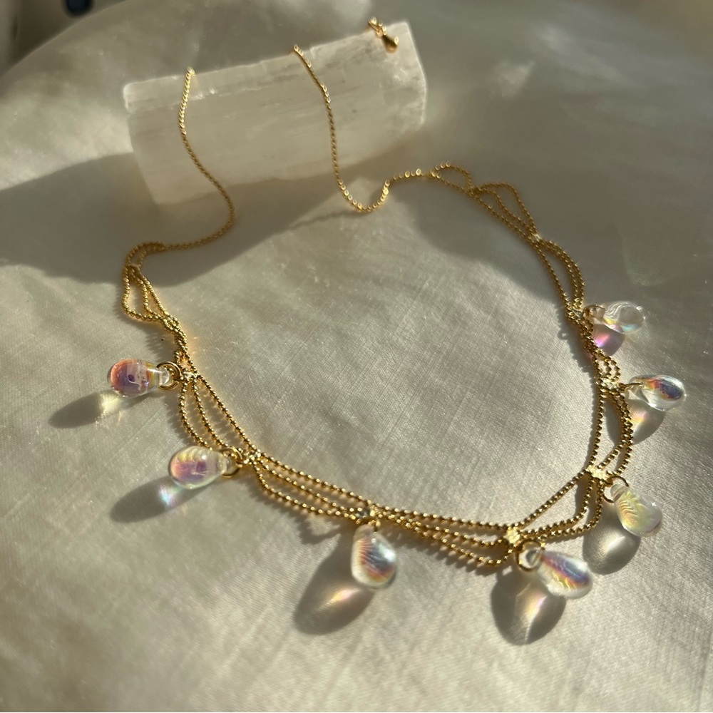 Golden Double Layer Raindrop Choker Necklace - Iridescent Beads